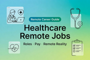 A visual guide to healthcare remote jobs featuring medical icons, roles, pay information, and remote work reality.