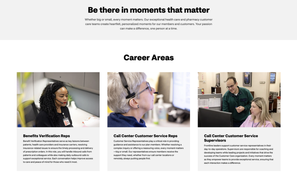 Career areas highlighting customer service reps and benefit verification roles within cvs health remote jobs offerings.