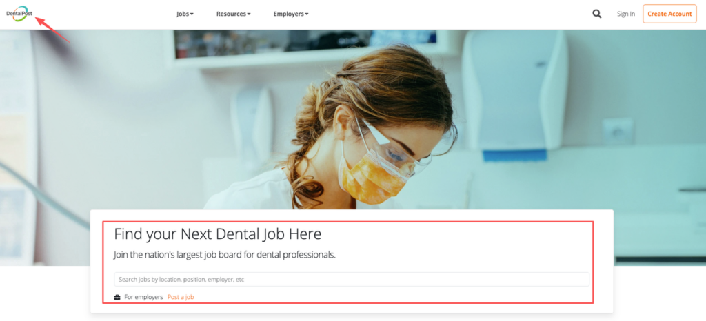 DentalPost website homepage featuring a search bar to help professionals find their next career and dental remote jobs.