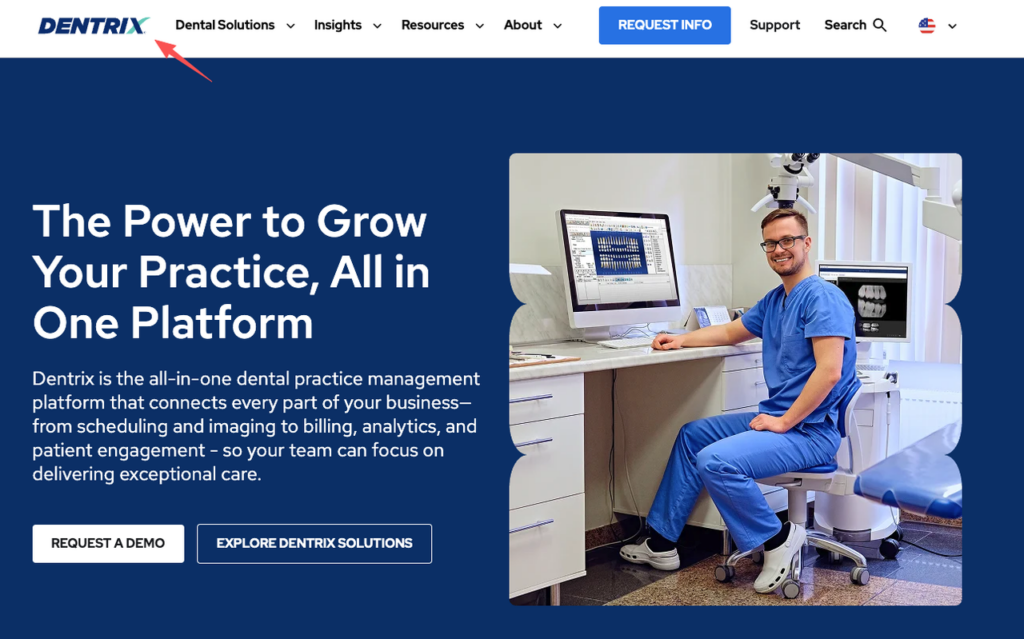 The Dentrix platform homepage, showing software that can be utilized by professionals working in dental remote jobs.