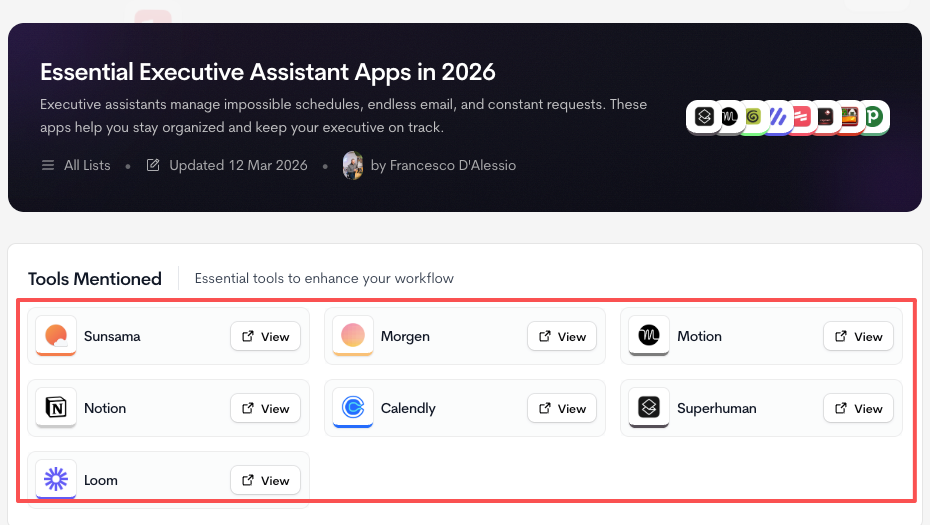 A list of essential apps for executive assistant remote jobs in 2026, featuring tools like Notion, Calendly, and Superhuman with 'View' buttons.