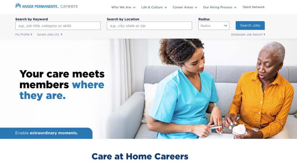 Screenshot of Kaiser Careers for Care at Home. A nurse visits an elderly patient. Ideal for finding Kaiser remote jobs in home health.