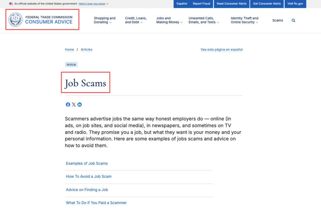 Federal Trade Commission consumer advice page warning applicants about common scams when searching for call center remote jobs.