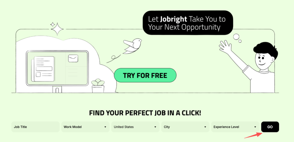 Jobright website landing page with job search filters and a "Try For Free" button, illustrating the process of finding executive assistant remote jobs.