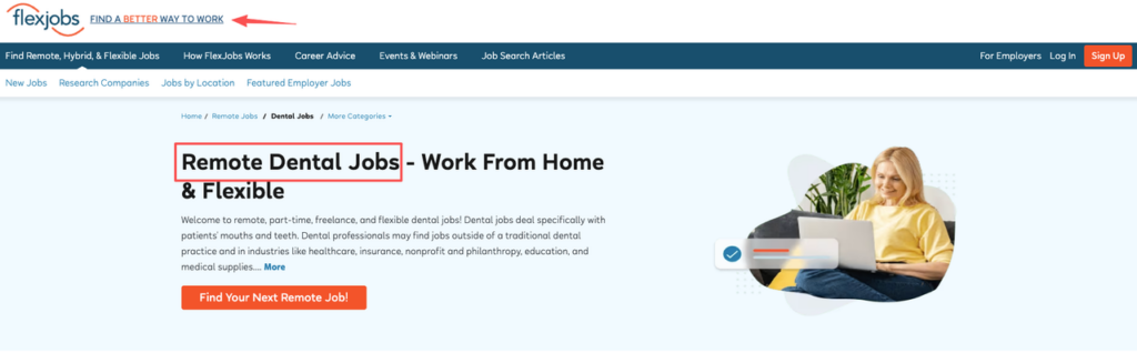 Screenshot of the FlexJobs website displaying a search page for flexible and work from home dental remote jobs.