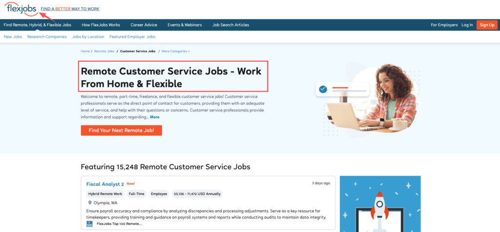FlexJobs website interface displaying a category page specifically for finding flexible and customer service remote jobs.