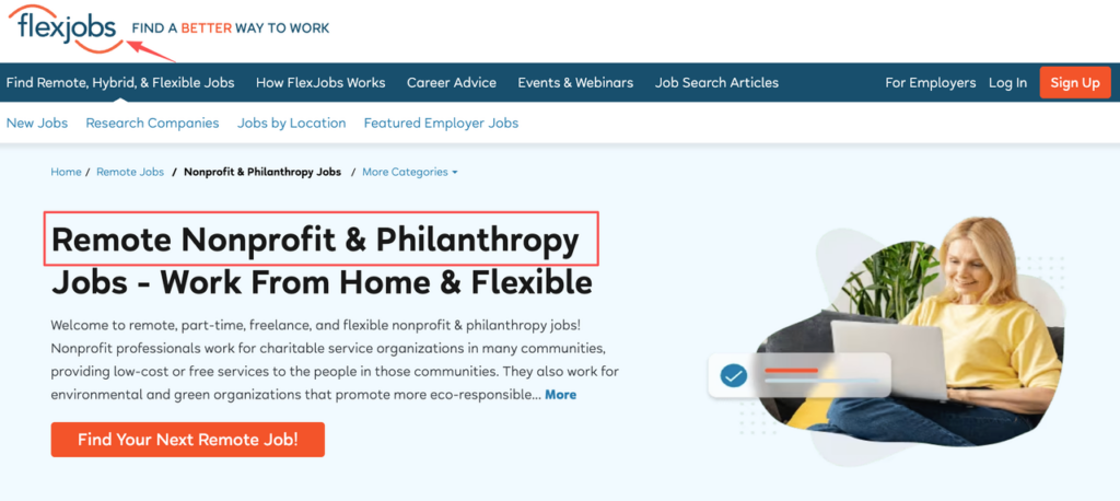 FlexJobs website category page displaying flexible and nonprofit remote jobs to work from home effectively. 