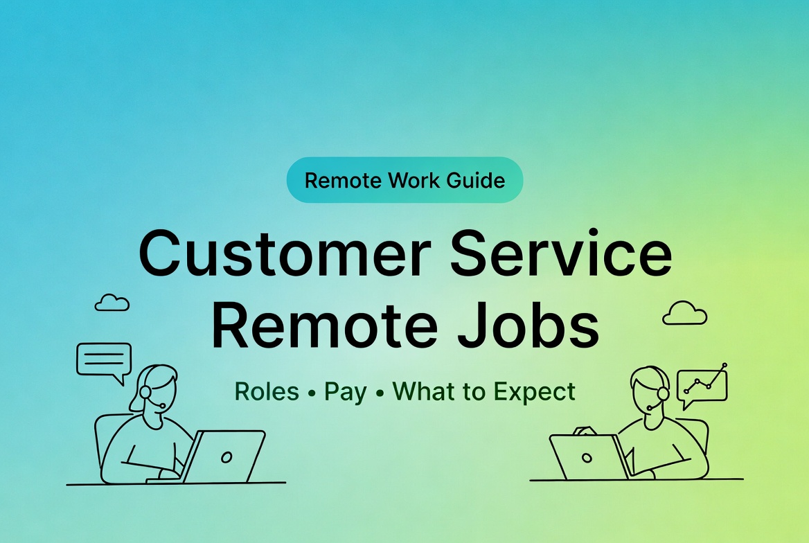 A graphic guide banner titled customer service remote jobs featuring icons of agents and details on roles, pay, and expectations.