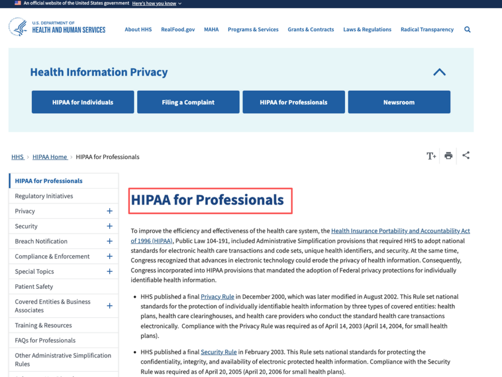 Official HHS website page explaining HIPAA compliance requirements for professionals working in healthcare remote jobs.