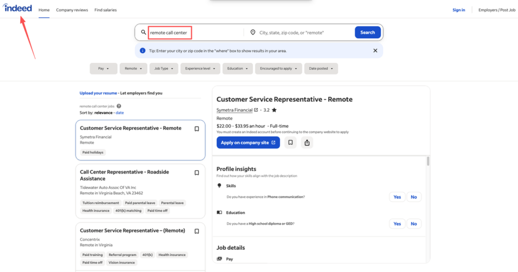 Indeed website search bar and results showing how to filter for specific opportunities and find call center remote jobs.