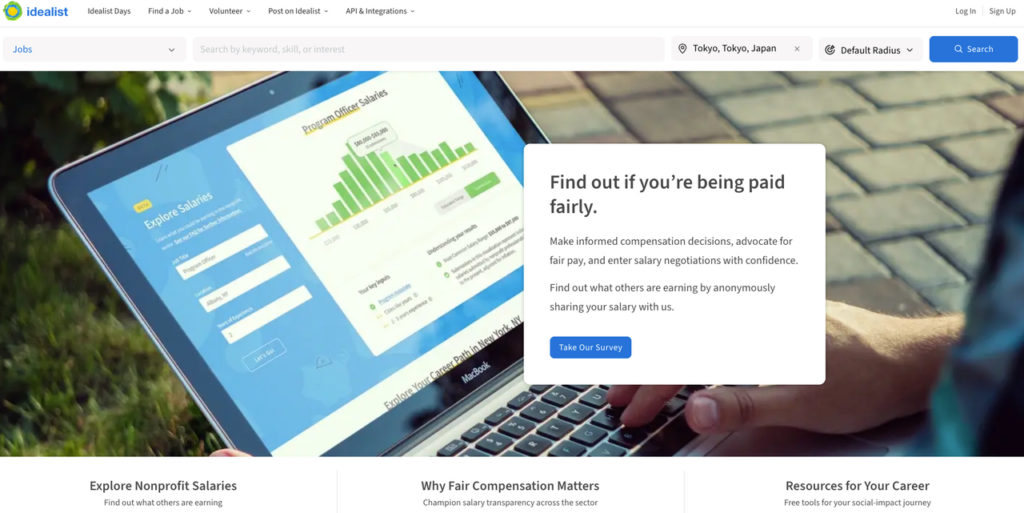 Idealist website showcasing a salary explorer tool, useful for negotiating pay for nonprofit remote jobs.