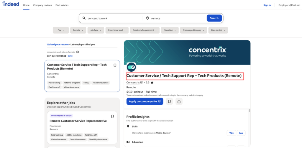 Indeed search page showing a concentrix remote jobs customer service role listing with details like $17.31 per hour pay.