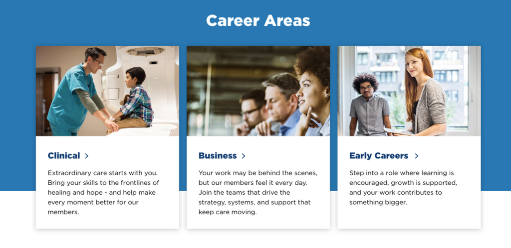 Webpage showing Kaiser Career Areas. Three cards illustrate Clinical, Business, and Early Careers with images and short descriptions.