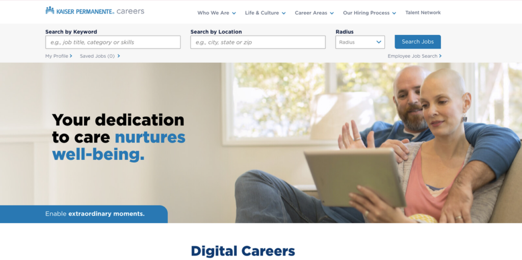 Screenshot of Kaiser Careers website showing job search filters. A couple uses a tablet.