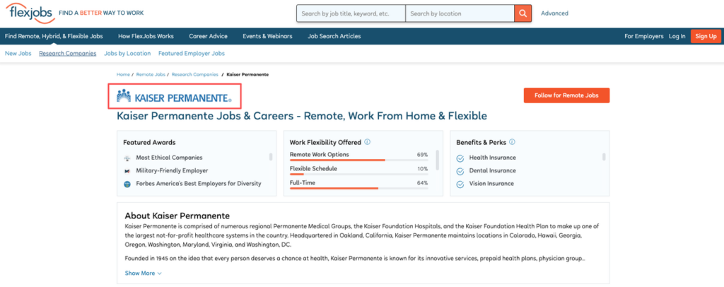 Screenshot of FlexJobs profile for Kaiser. Shows 69% remote work options, ideal for finding Kaiser remote jobs.