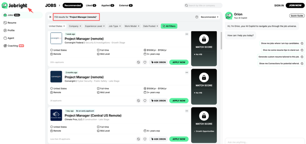 Screenshot of Jobright showing 733 job results for project manager remote jobs, with an AI copilot offering personalized advice.