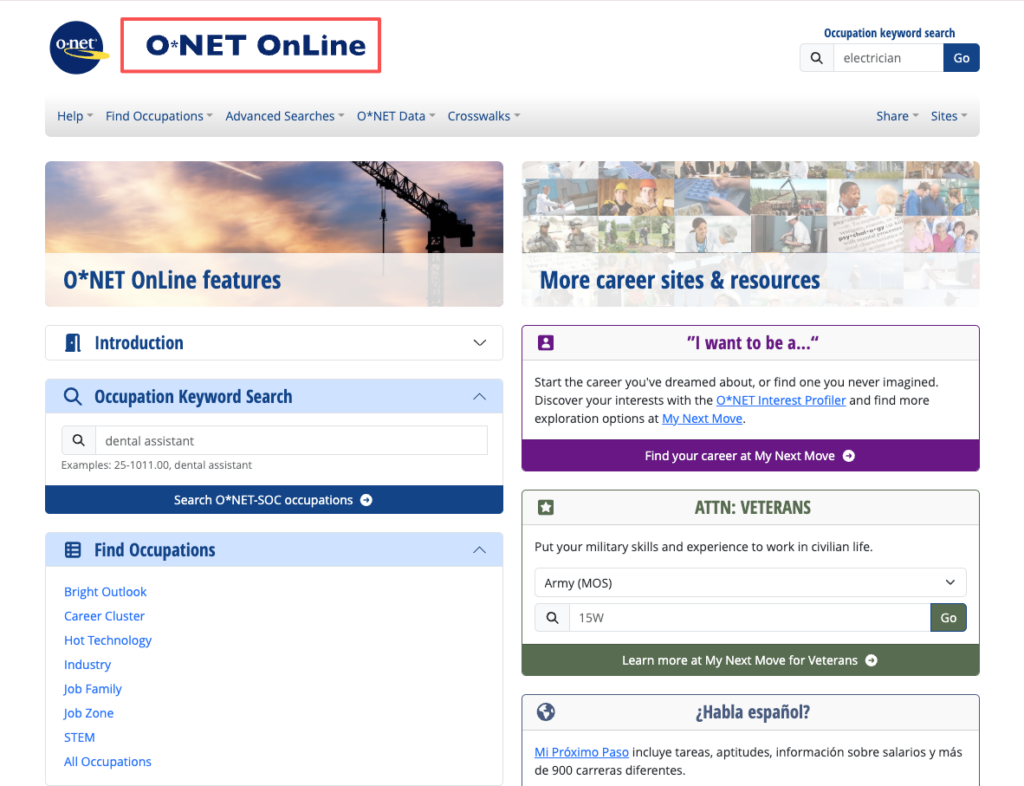 Exploring the O*NET OnLine occupation keyword search tool to research skills needed for capital one remote jobs.