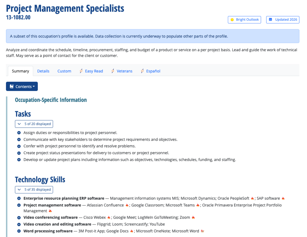 O*NET data showing software and technology skills often required when applying for product manager remote jobs today.