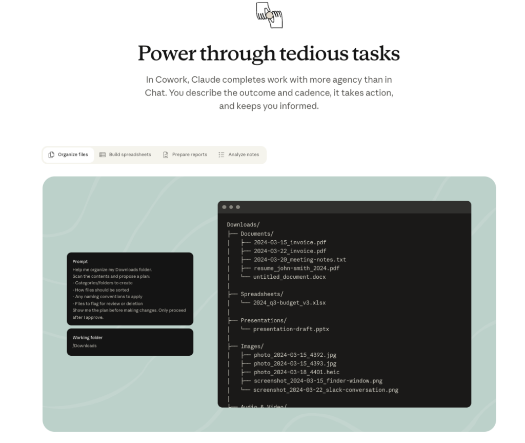 Claude Cowork in action: prompt to organize Downloads folder with resumes and job docs for streamlined automate job search Claude Cowork workflow.