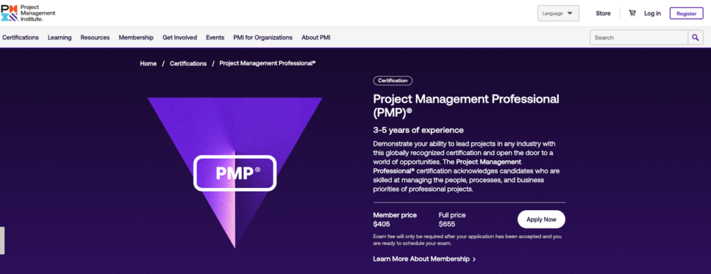 Screenshot of the PMI website detail page for the PMP certification, a key qualification for those pursuing project manager remote jobs.