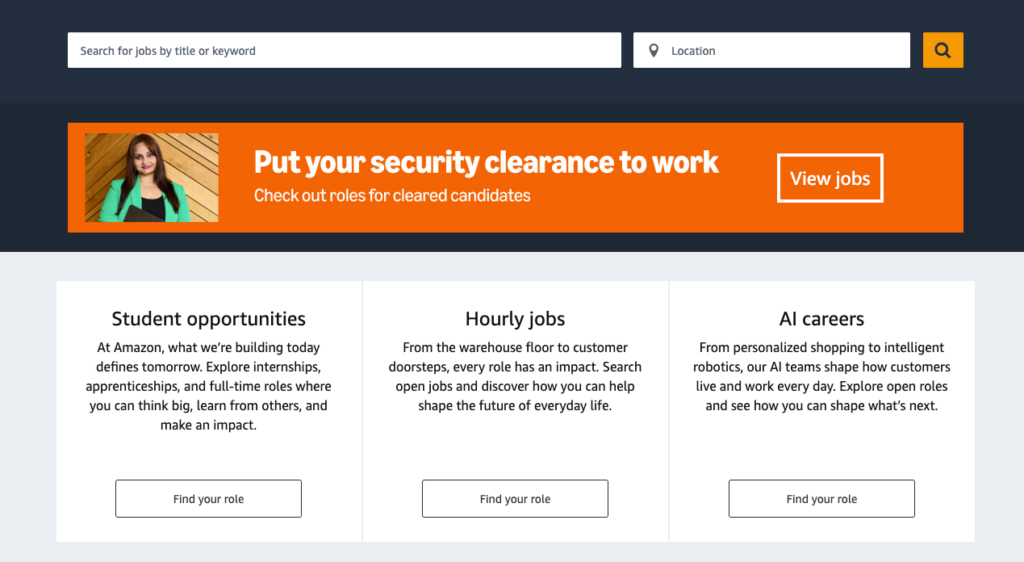 Search dashboard to find amazon remote jobs, hourly roles, student opportunities, and AI-focused career paths.