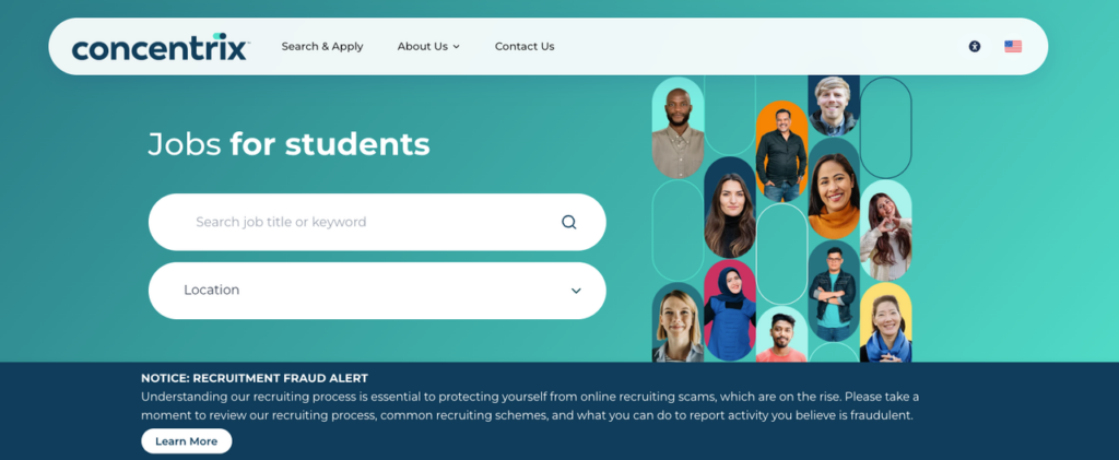Search for student-specific concentrix remote jobs, featuring diverse student portraits and an online job application portal.