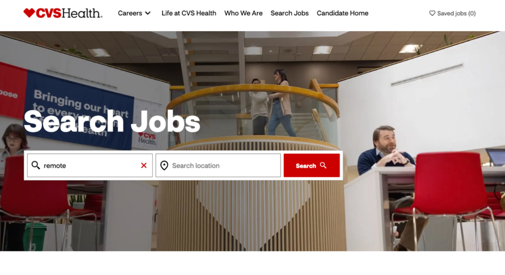 A user searching for cvs health remote jobs on the official CVS Health careers website using the homepage search bar.