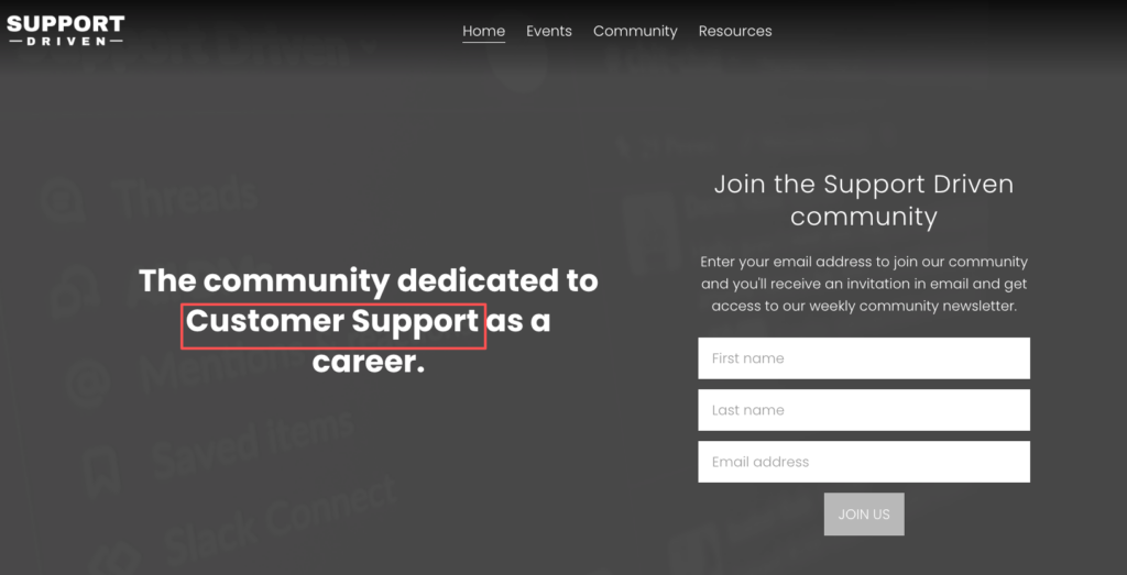 Support Driven community sign-up page for networking and career growth within the field of customer service remote jobs.
