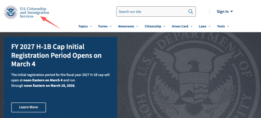 USCIS homepage announcing FY 2027 H-1B cap registration, relevant to visas for international candidates seeking executive assistant remote jobs.