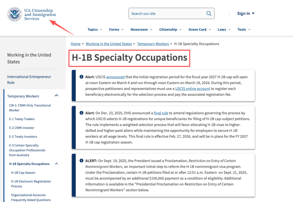 USCIS website detailing H-1B specialty occupations rules for international applicants seeking product manager remote jobs.