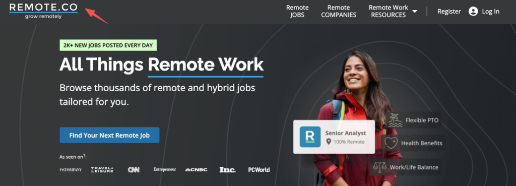 The Remote.co homepage featuring specialized resources and verified listings for professionals seeking call center remote jobs.