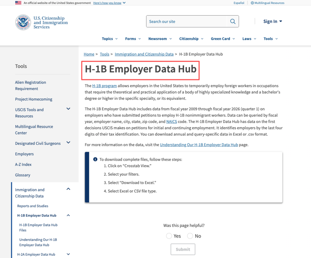 USCIS H-1B employer data hub for researching visa sponsorship history related to various amazon remote jobs.