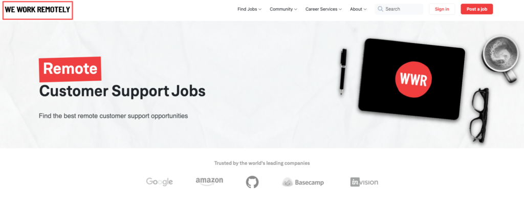 The We Work Remotely header section showcasing a list of opportunities for top-tier customer service remote jobs.