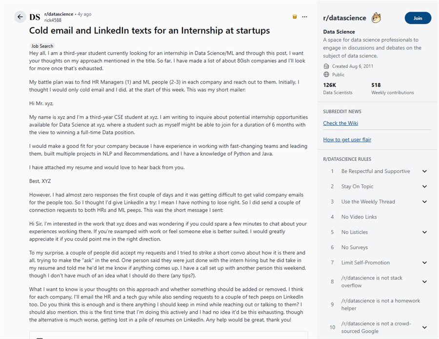 Discussion about LinkedIn Cold Message on r/datascience
