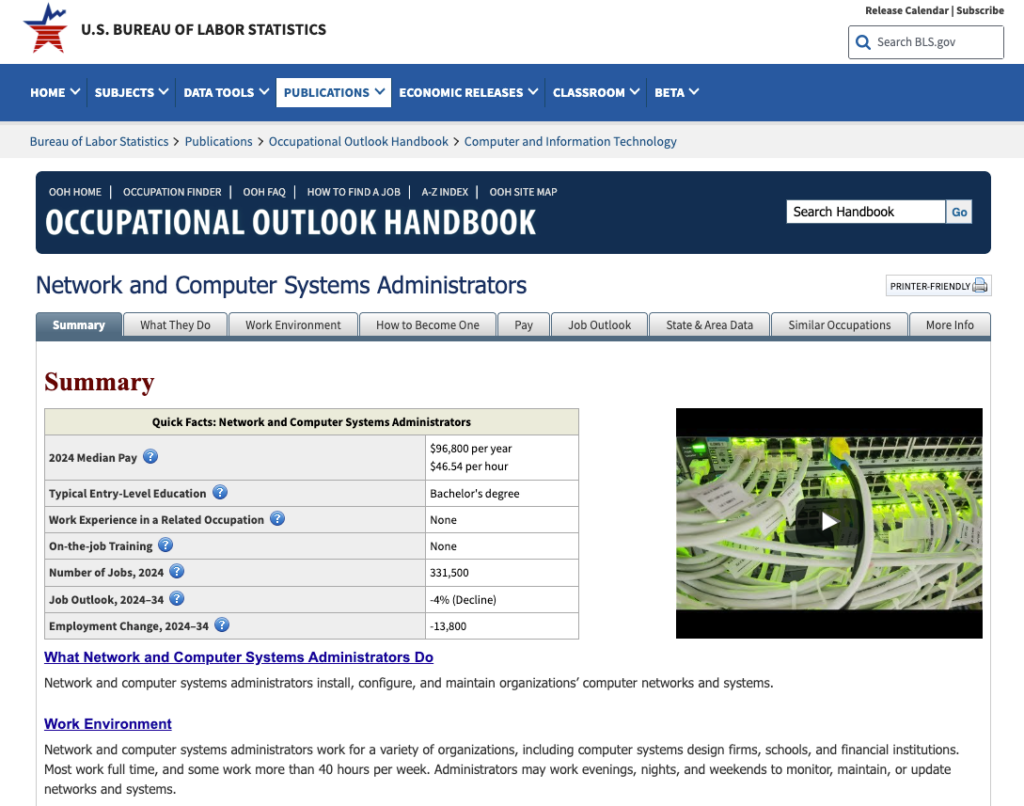 BLS data for systems administrators, a role often leading to lucrative network engineer remote jobs with competitive pay.