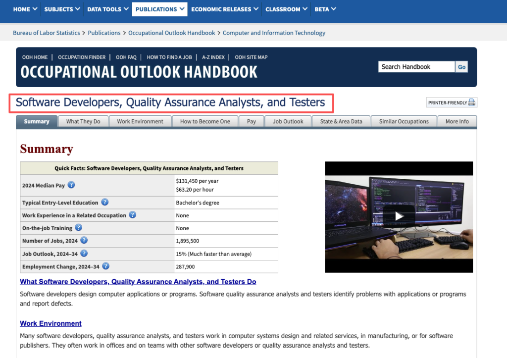 BLS data showing median pay and a 15% job outlook growth, relevant for software engineer remote jobs.