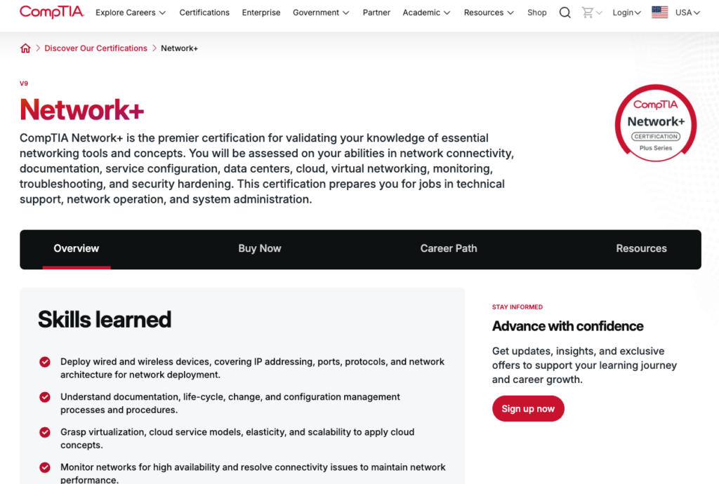 CompTIA Network+ certification page showing foundational IT skills required to secure top network engineer remote jobs.