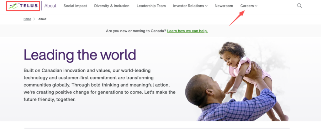 Screenshot of the TELUS homepage with an arrow pointing to the Careers section to find telus remote jobs.