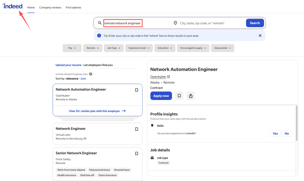 An Indeed job board search displaying various active listings and contract opportunities for network engineer remote jobs.