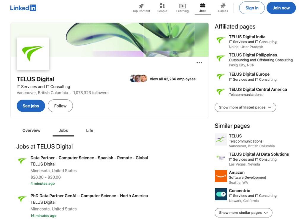 LinkedIn jobs page showing recent global postings and available opportunities for telus remote jobs.