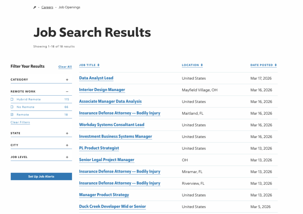 View available progressive remote jobs in our search results, including data analyst and legal roles.