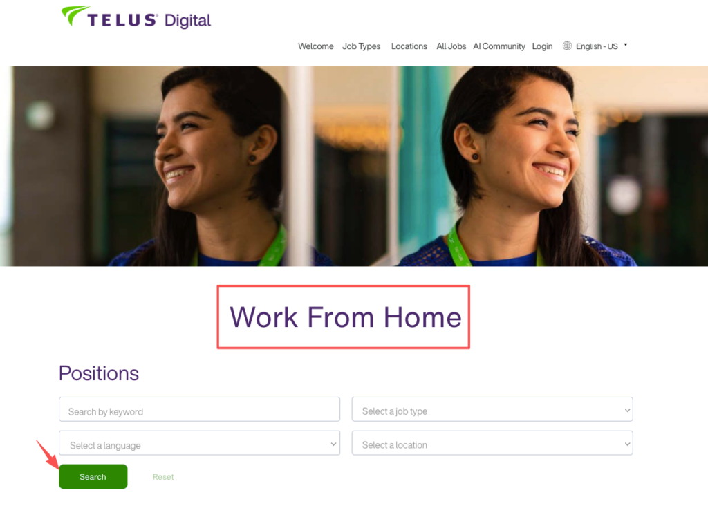 TELUS Digital portal highlighting the Work From Home section and search button to find telus remote jobs.