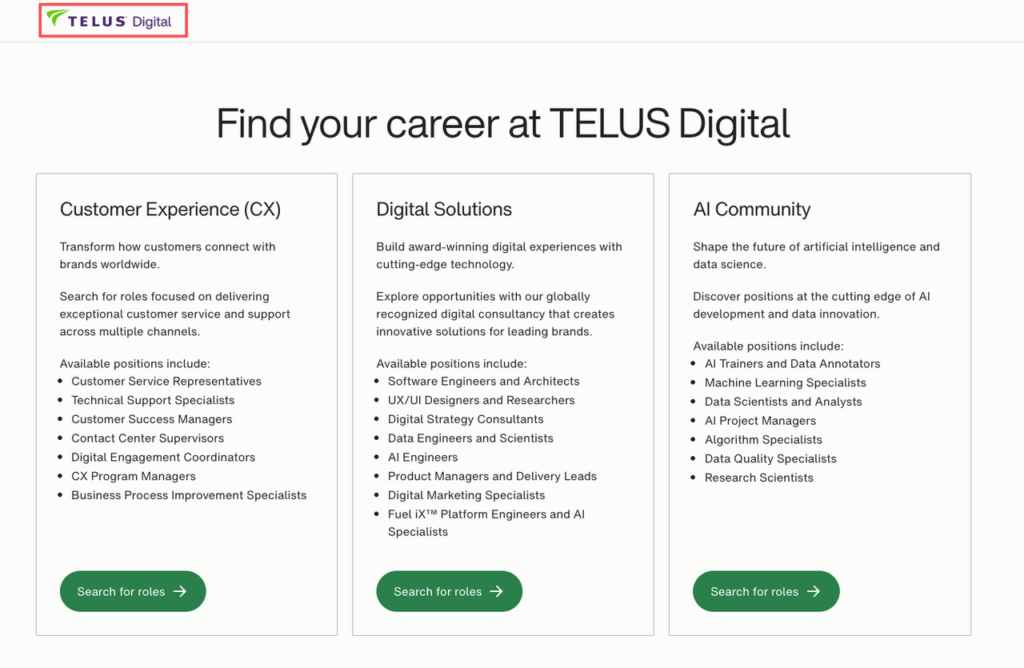 Telus Digital career page showing CX, Digital Solutions, and AI Community categories for telus remote jobs.