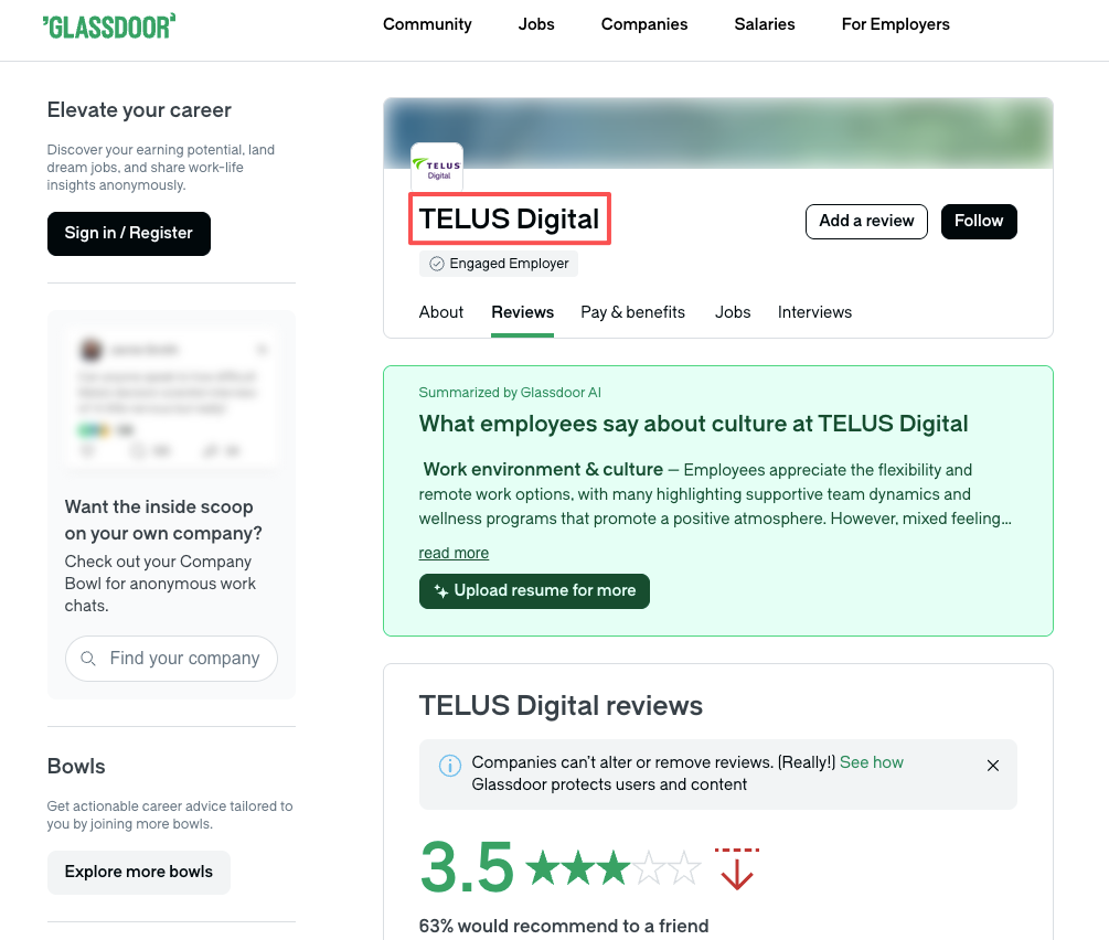 Glassdoor company page displaying employee reviews, culture feedback, and ratings for telus remote jobs.