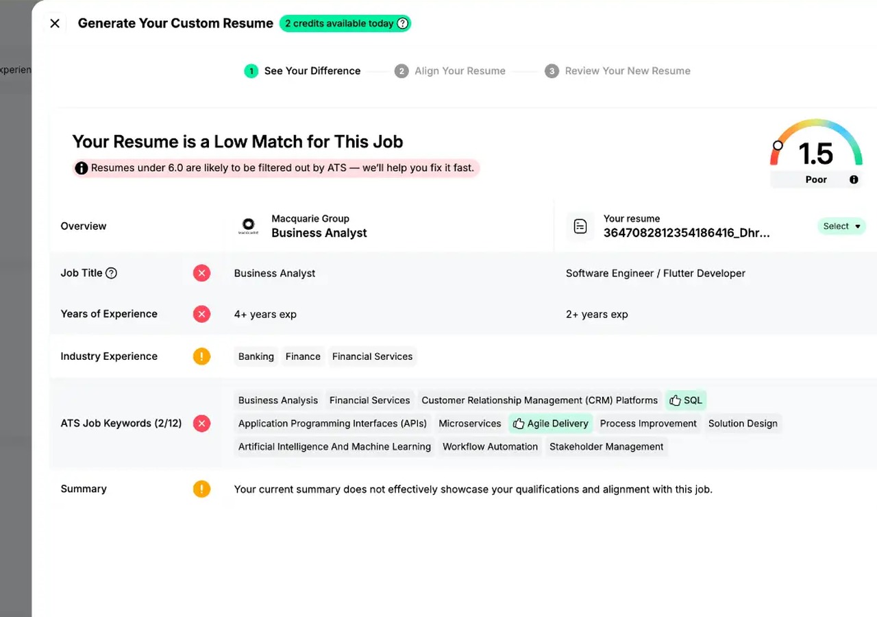 Jobright resume-to-job comparison panel showing a low match score, job-title and experience mismatches, ATS keyword coverage, summary feedback, and an option to improve the resume for the job