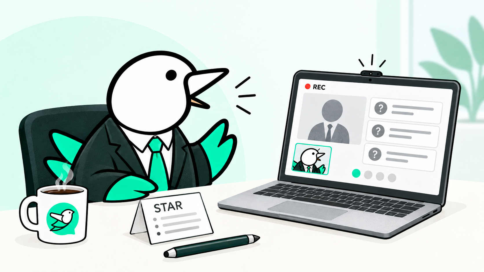 Jobright bird mascot preparing for an AI video interview with structured questions