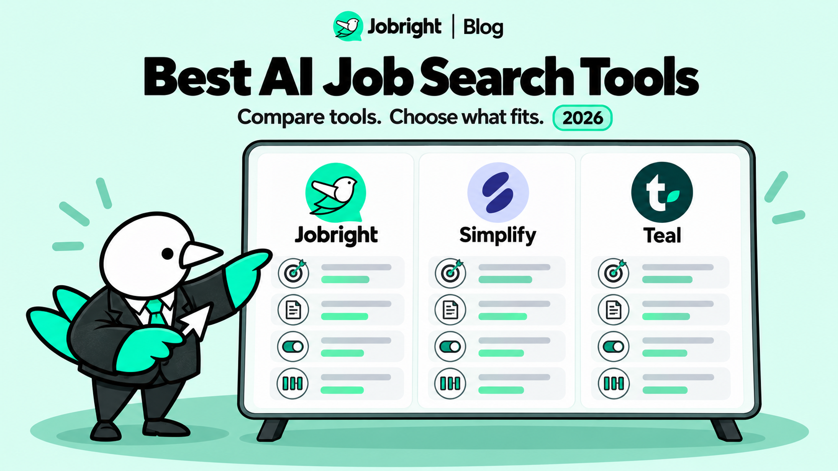 Jobright bird comparing Jobright, Simplify, and Teal AI job search tools in 2026