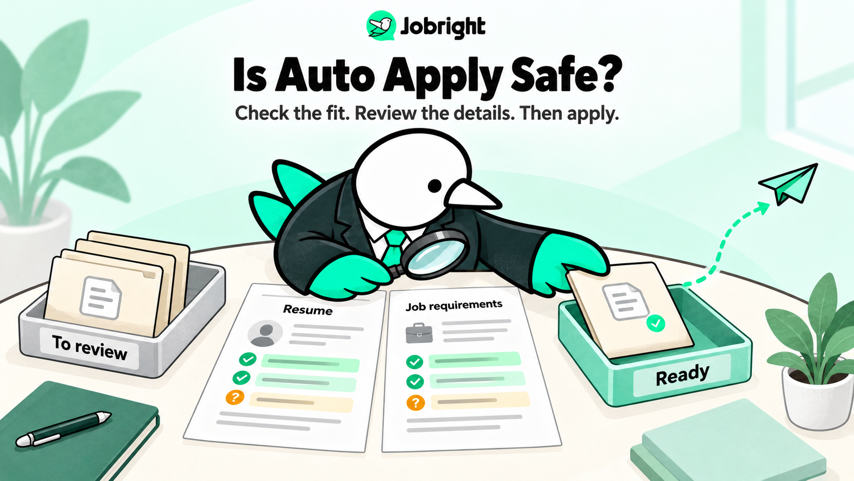 Jobright bird comparing a resume with job requirements and reviewing applications before submission.