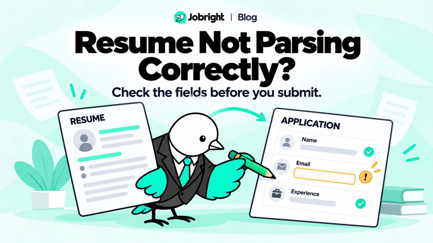 Jobright bird checking a missing email field after a resume is imported into an application form.